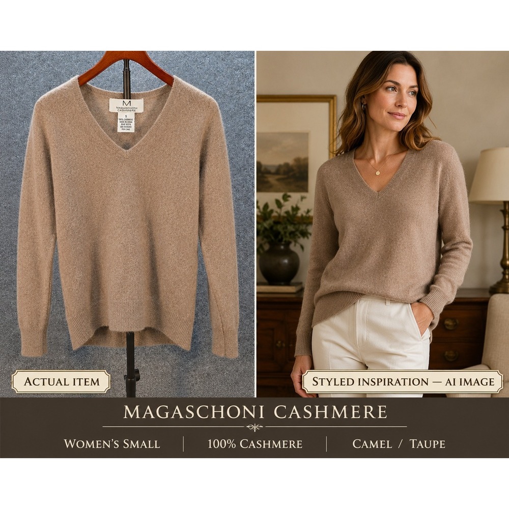 Magaschoni Cashmere V-Neck Sweater Womens Dolman Camel S Excellent Quiet Luxury